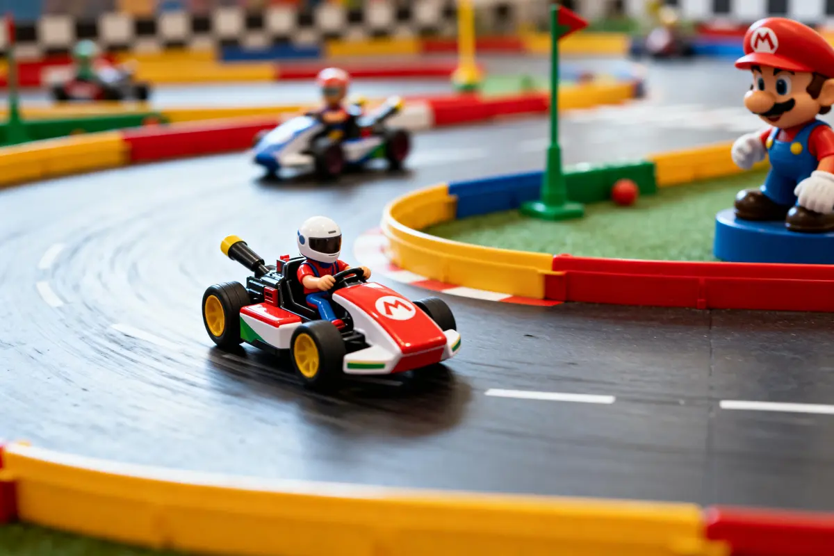 Personnages sur une piste de course miniature Mario Kart avec circuit Carrera coloré