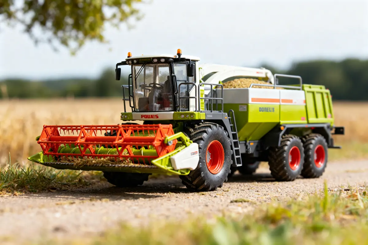 Moissonneuse miniature agricole réaliste sur un chemin de terre dans un champ ouvert