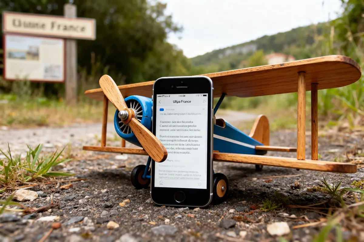 Miniature plane en bois avec smartphone intégré sur chemin rural en arrière-plan flou