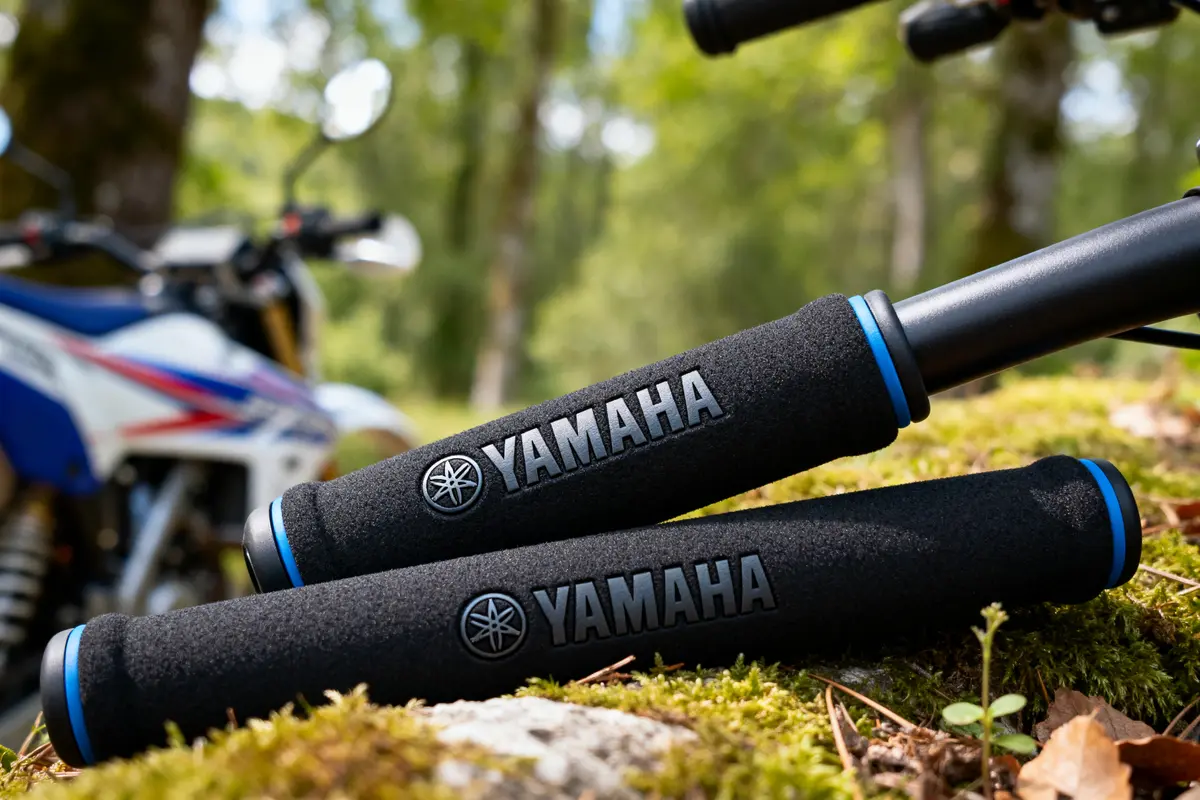Gros plan sur mousse de guidon Yamaha noire avec moto floue en arrière-plan