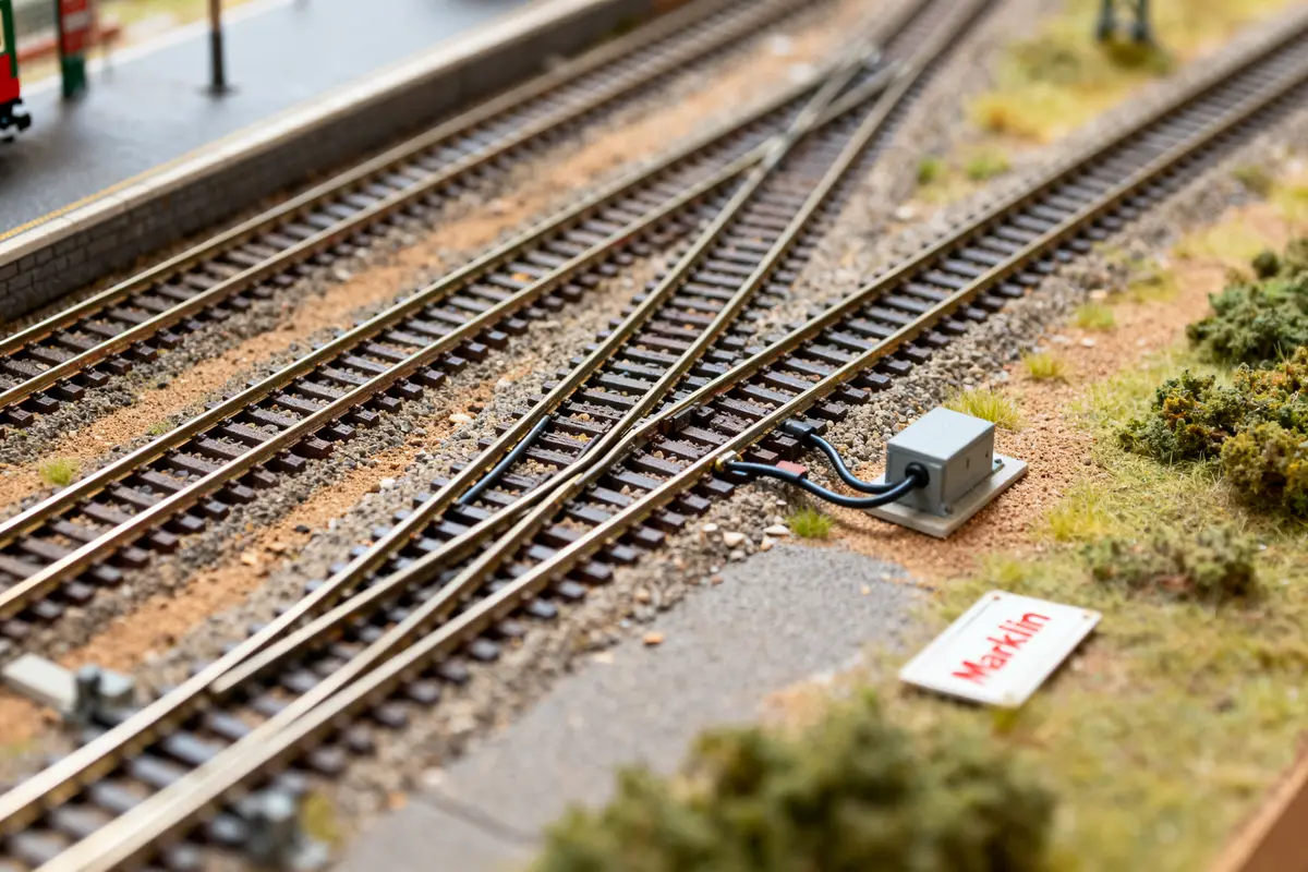 Maquette ferroviaire avec voies minutieusement détaillées, illustrant un circuit de train Märklin.