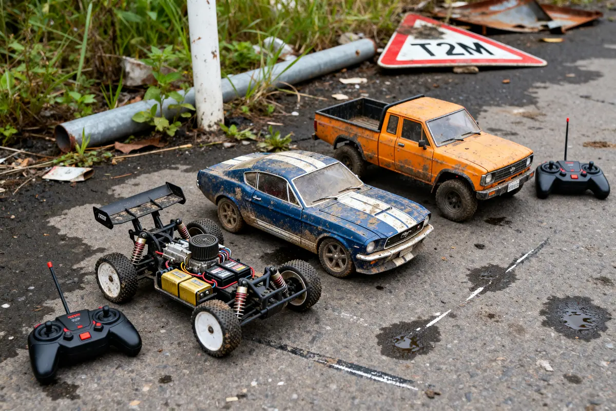 Trois voitures miniatures t2m rc et télécommandes sur un sol extérieur abîmé
