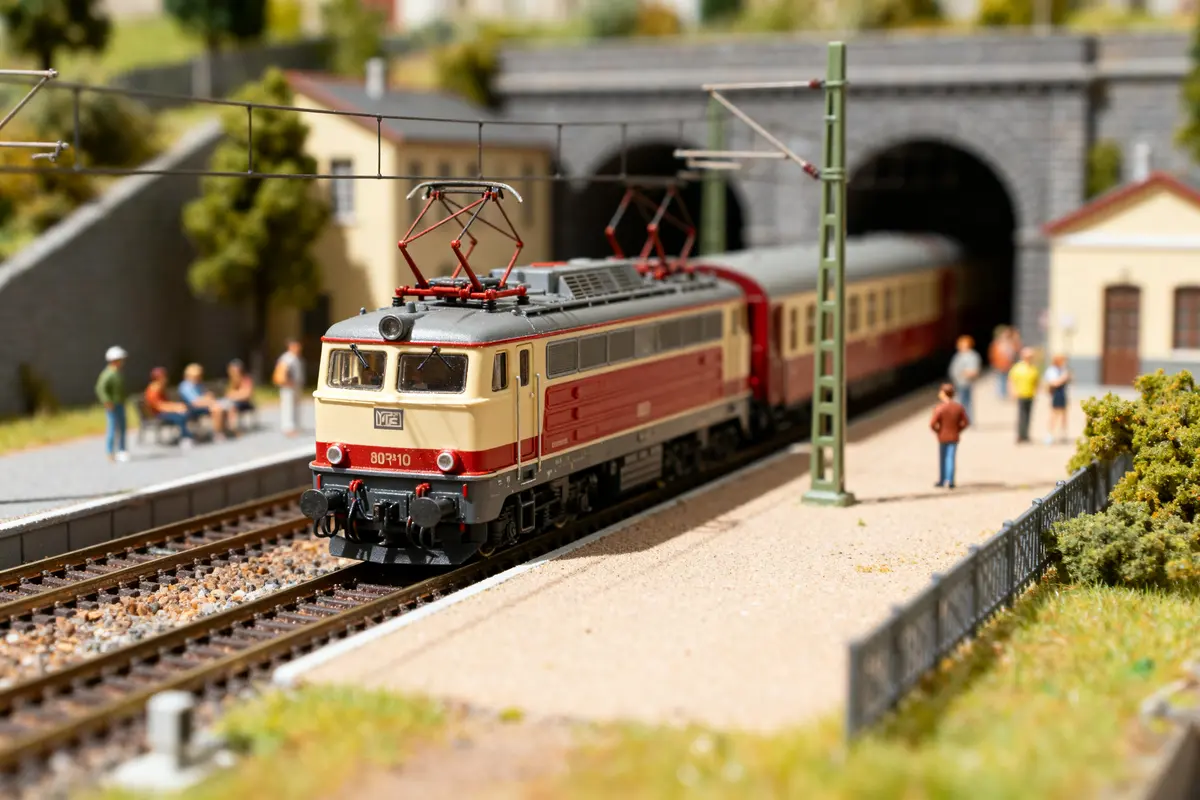 Modèle réduit de train électrique circulant à côté de personnages miniatures à la gare