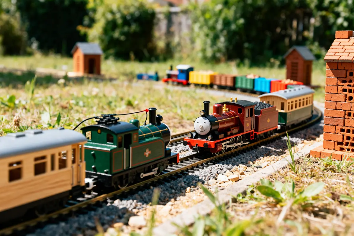 Modèle réduit de train télécommandé se déplaçant sur voie extérieure avec wagons colorés