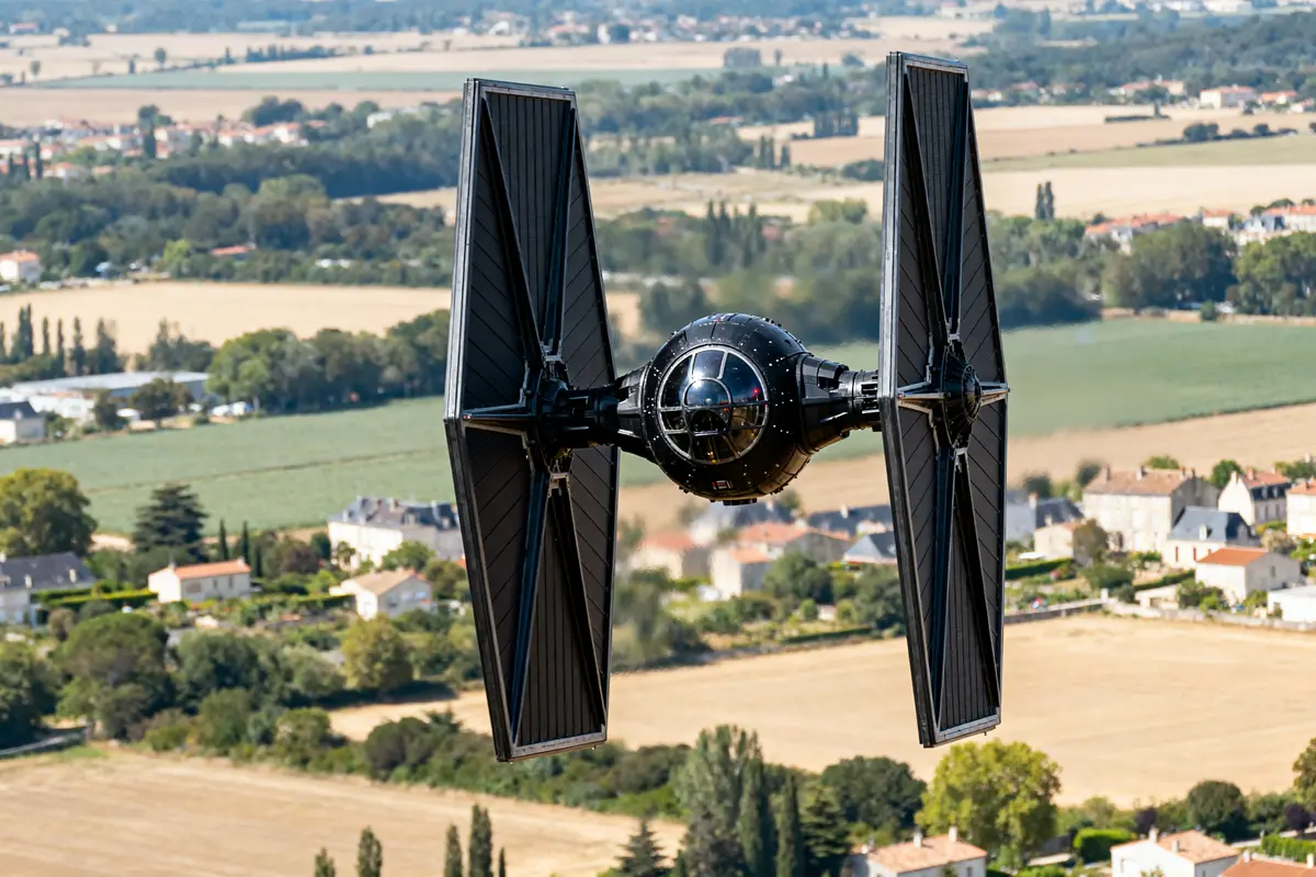 Vaisseau de Dark Vador survole paysage rural avec maisons et champs en arrière-plan