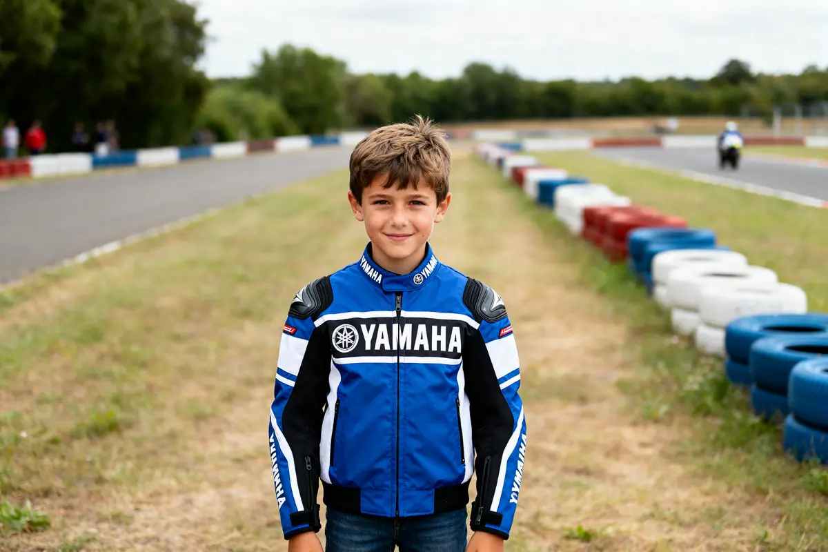 Enfant portant une veste Yamaha sur circuit de karting en extérieur